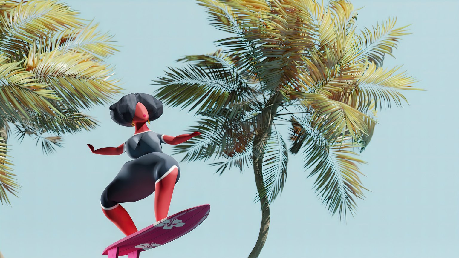 Heavy dark-haired woman on surfboard by palm trees, motion graphics